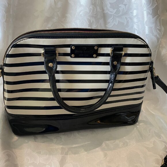 Kate Spade NY Black & White Striped Patent Leather Handbag - Picture 6 of 12